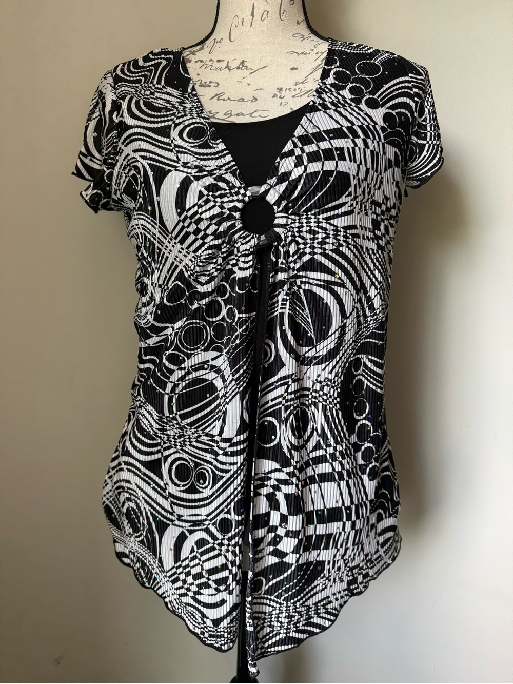 Brittany Black Black & White Ring-Front Short Sleeve Top